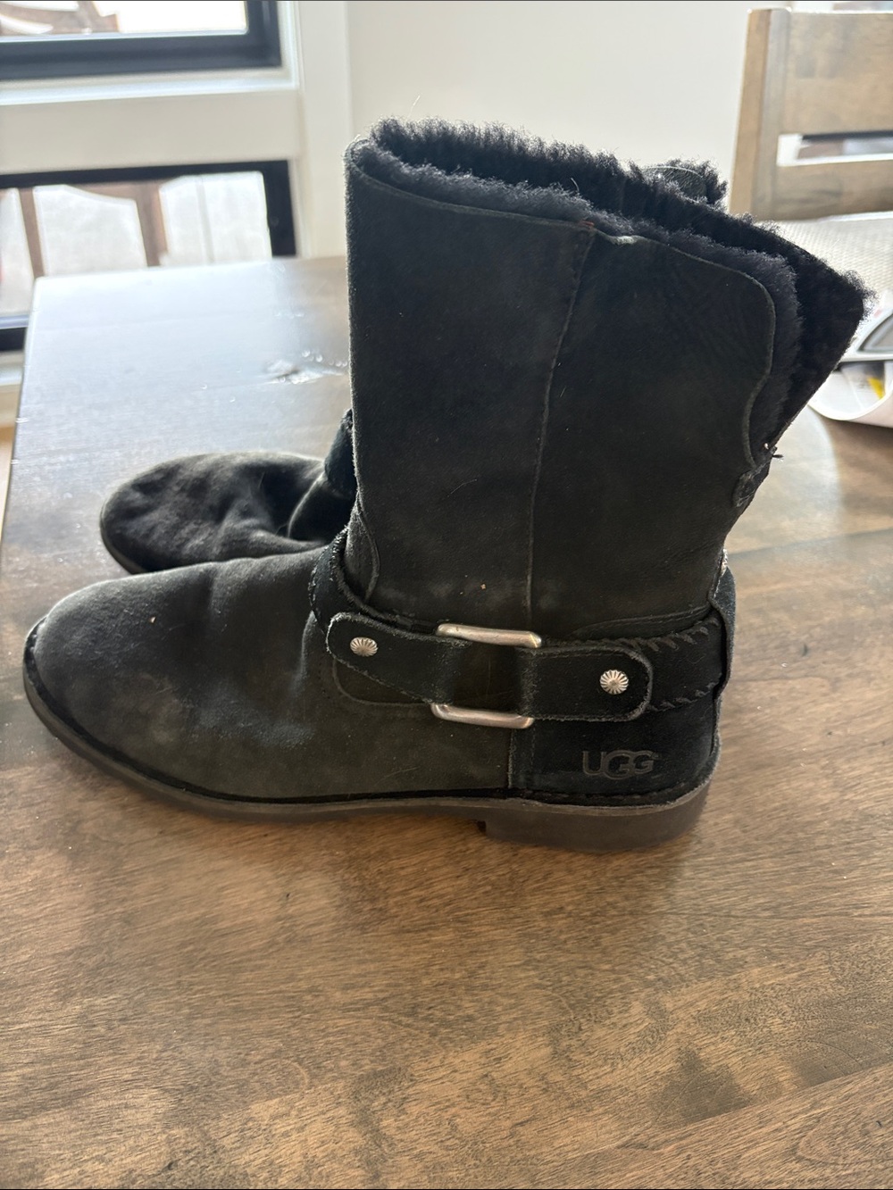 UGG Black Suede Shearling Mid-Calf Buckle Boots